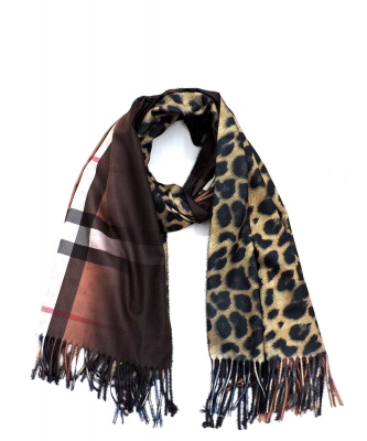 Plaid Check Leopard Scarf  LT804W BROWN